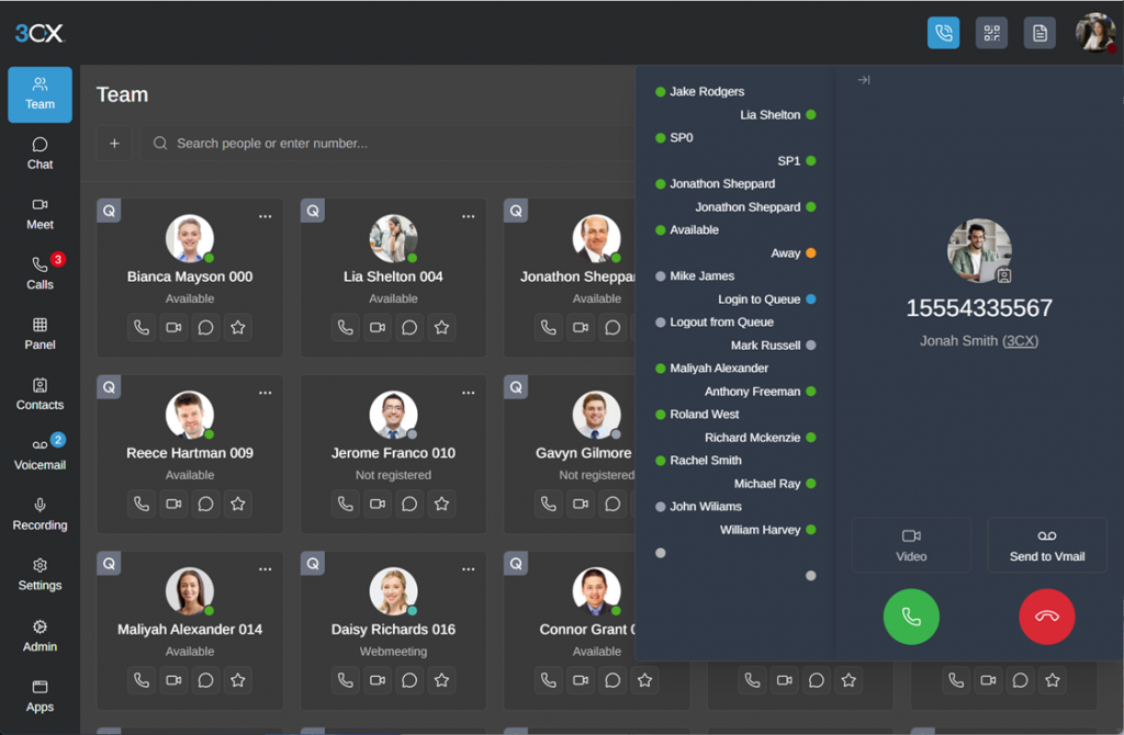 The 3CX web client showing the dialler, contacts and call controls