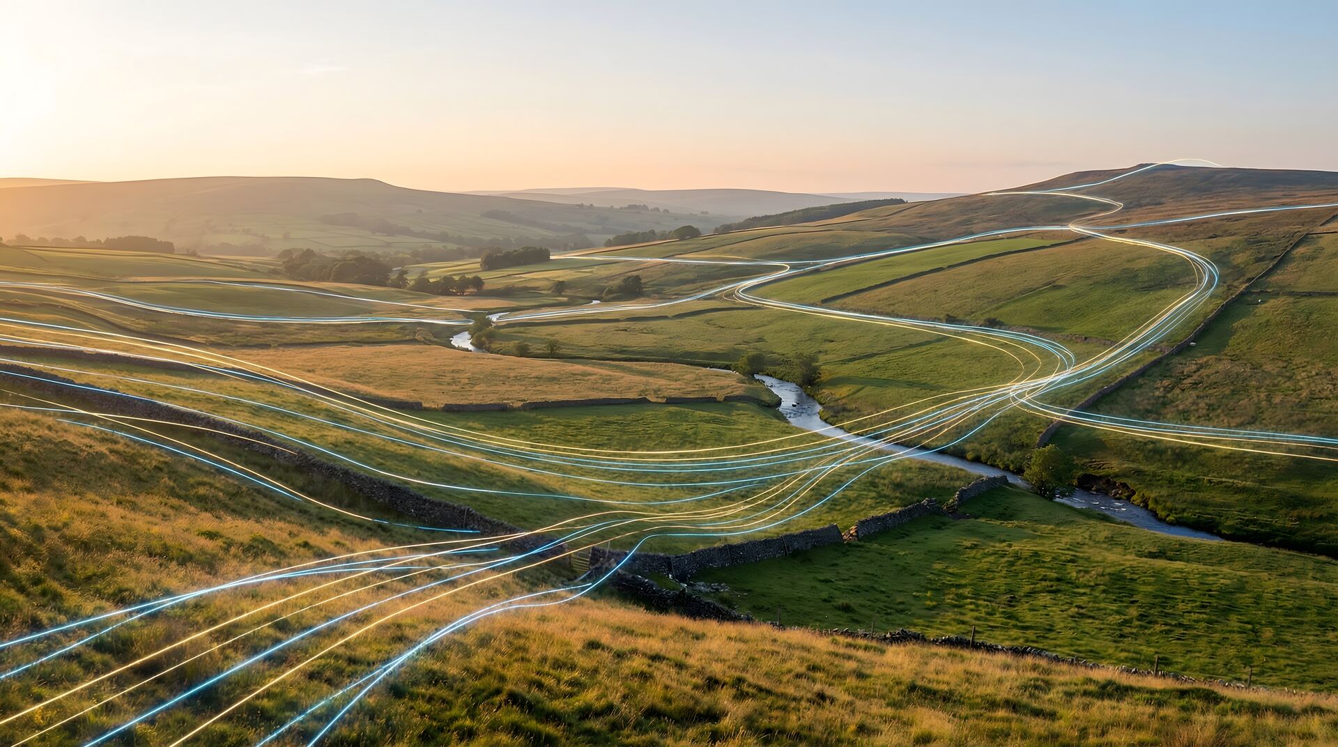 Streams of light flowing across green farmland at sunrise, broadband and phone connecting rural South Taranaki