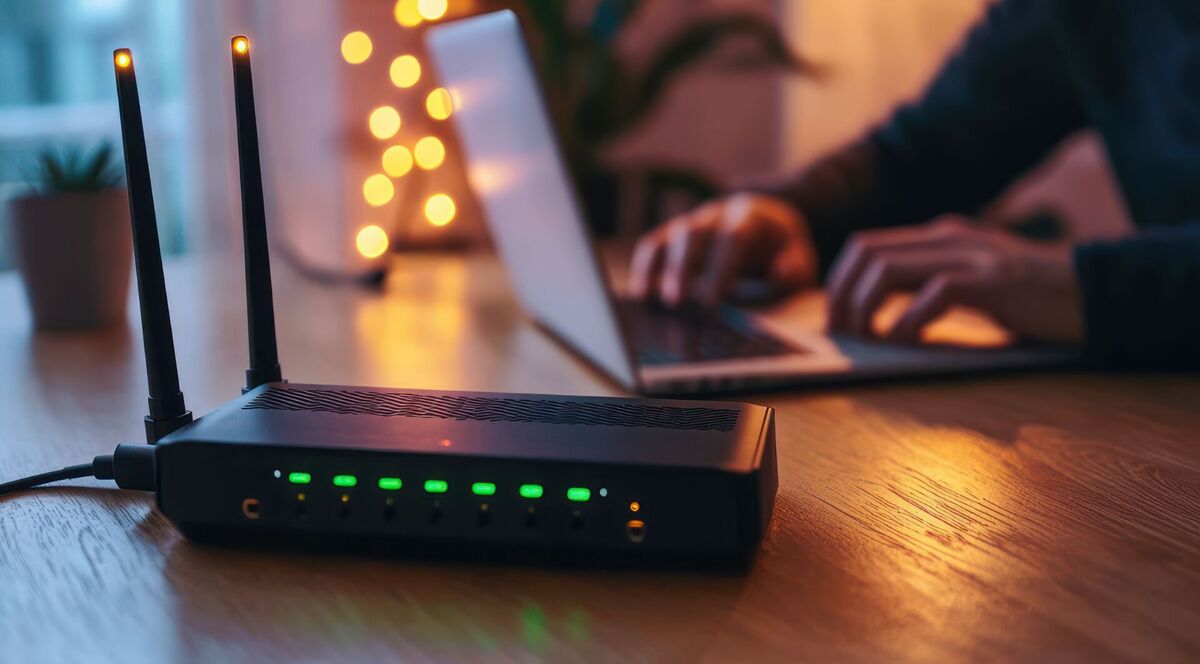 A wireless router on a home desk, ready to go with a Talk2Me broadband plan