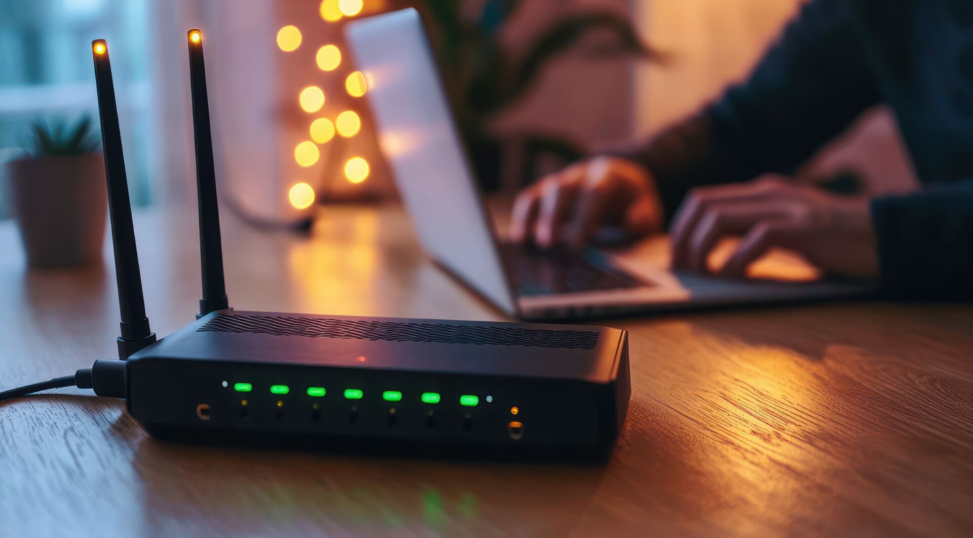 A wireless router on a desk at home with someone working on a laptop, ADSL and VDSL broadband
