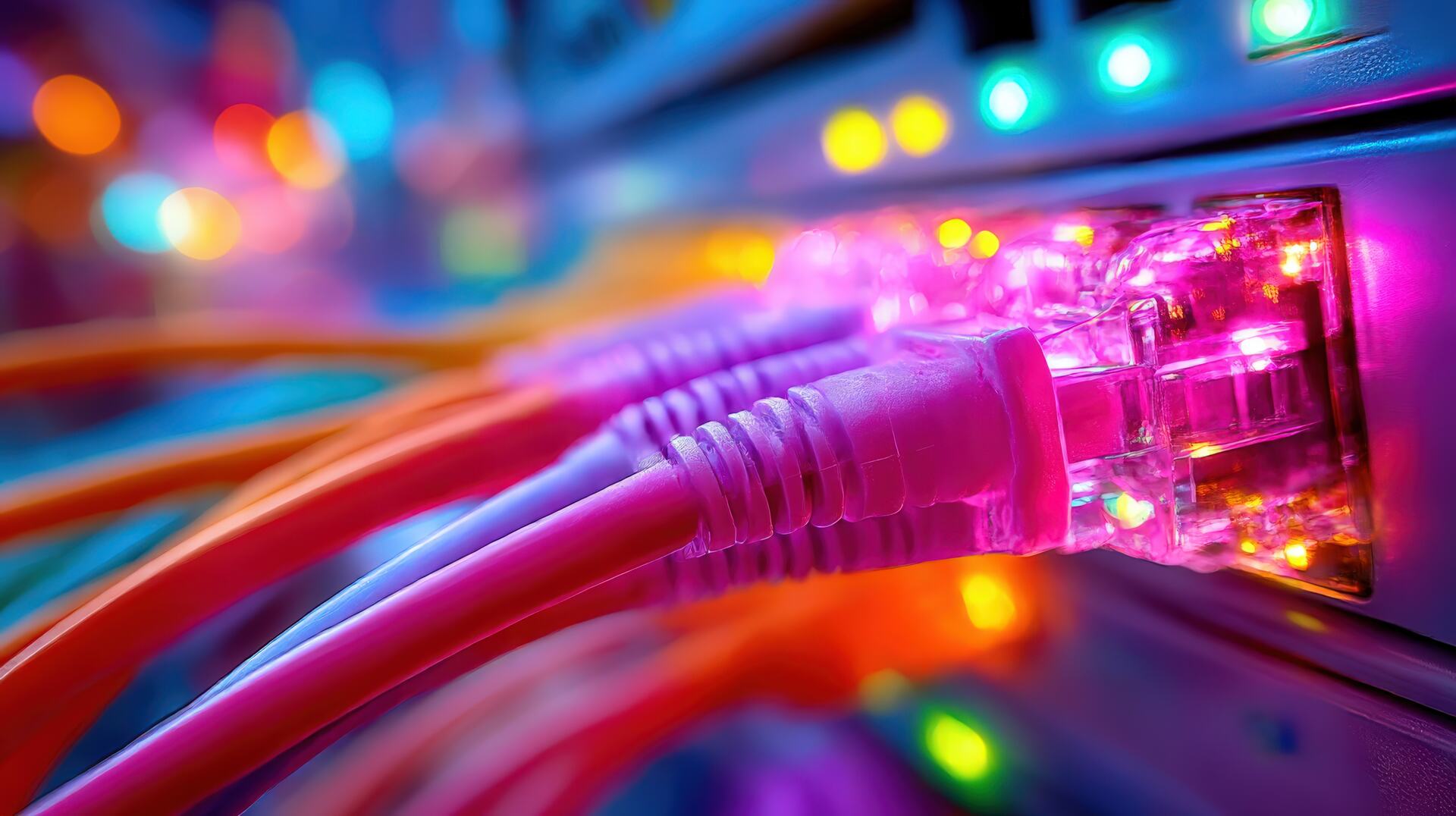 Brightly lit network cables plugged into a switch, business broadband connectivity