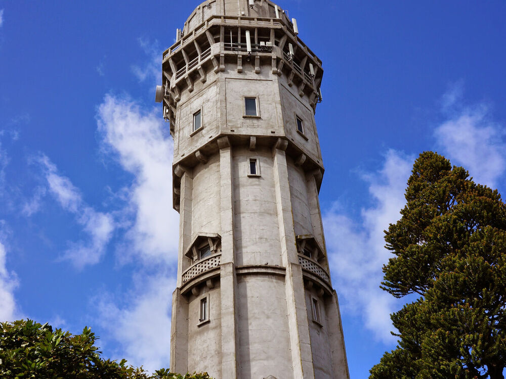 The Hawera Water Tower against a blue sky, a South Taranaki landmark