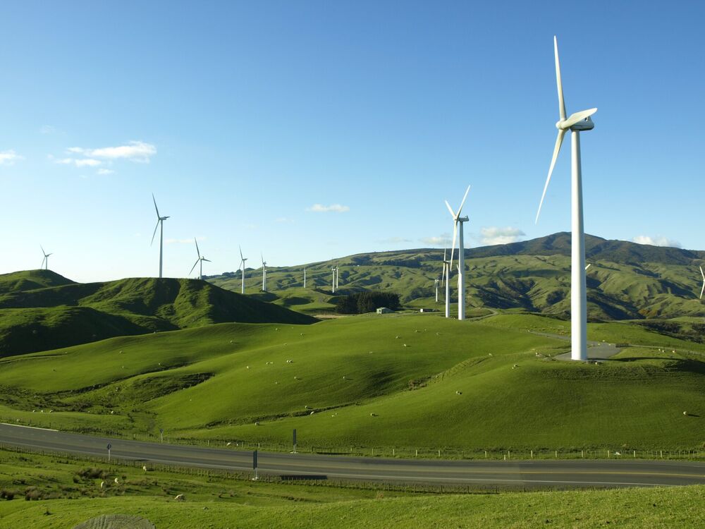Wind turbines on the green Tararua ranges near Palmerston North, Manawatū