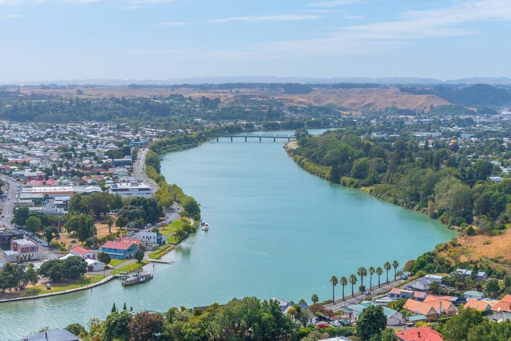 Aerial view of the Whanganui River, city bridge and paddle steamer from Durie Hill, Whanganui